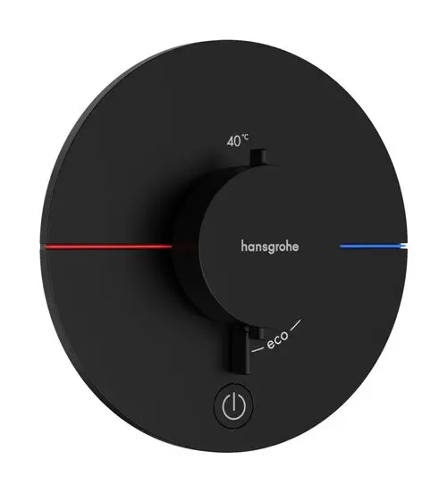Schwarzes Thermostat von Hansgrohe mit Temperatur- und Eco-Einstellung, rundes Design und zentrale Steuerung für eine Dusche.